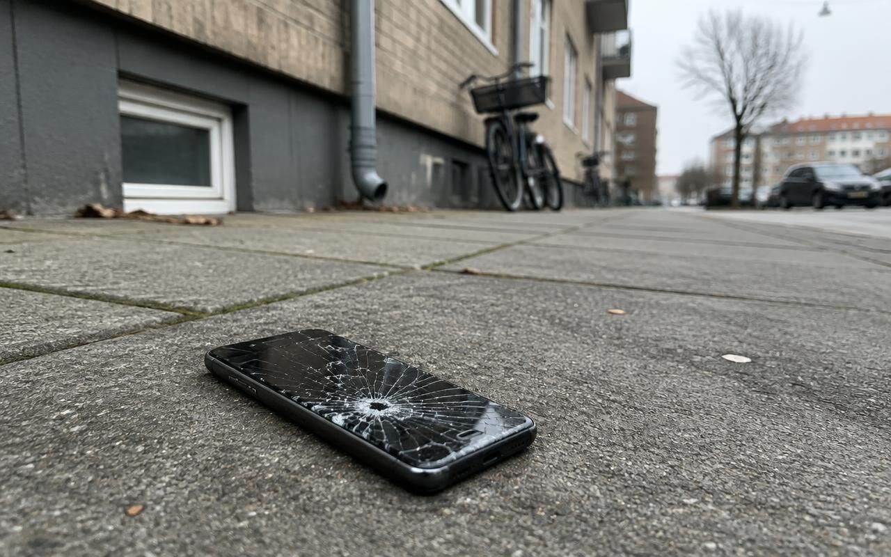 Smartphone med knust skærm liggende på fortovet foran en boligblok