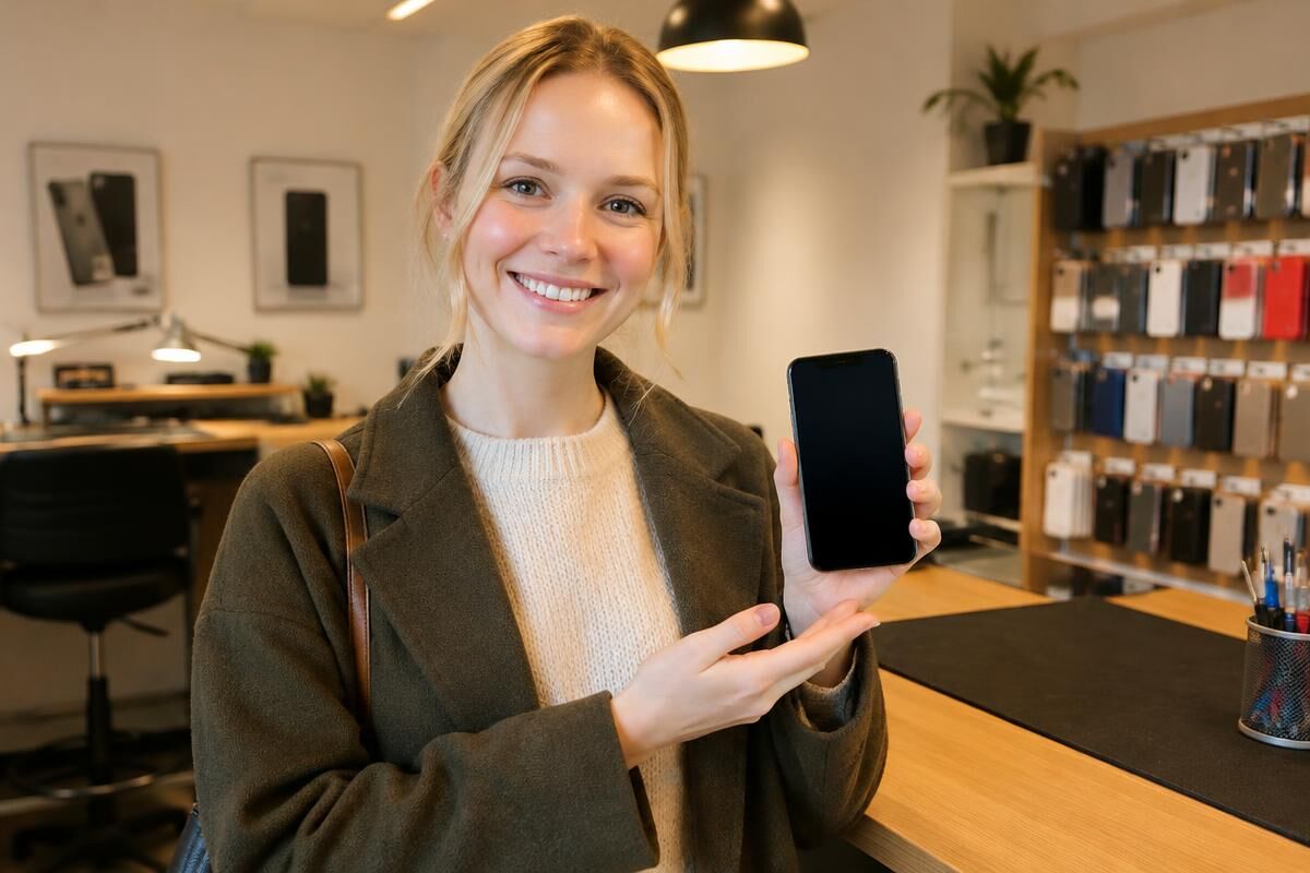 Glad kunde viser sin reparerede smartphone frem i reparationsbutikken